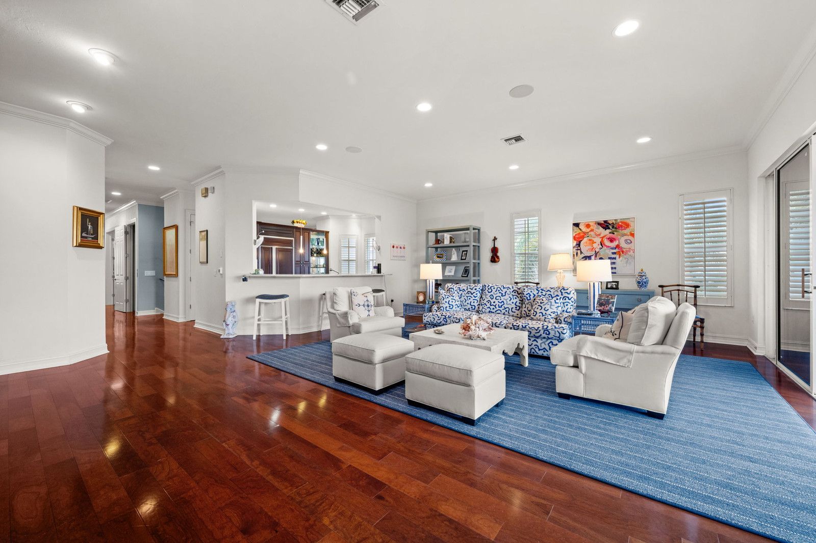 Open great room with wood floors