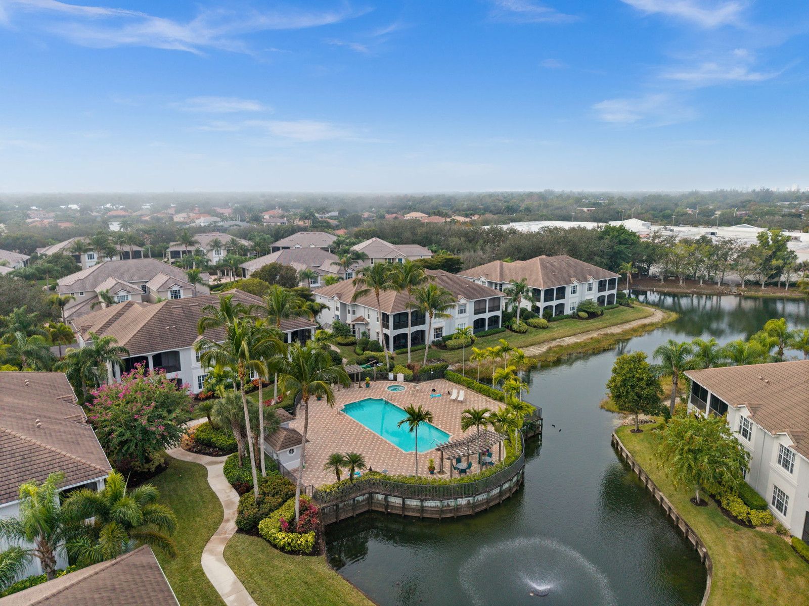 Aerial of the satellite pool for coach homes on the lake